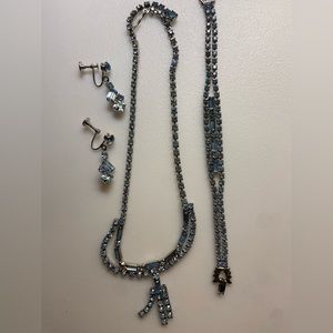 Vintage Icy Blue Rhinestone & Baguette Necklace, Bracelet& Screw Back Earrings